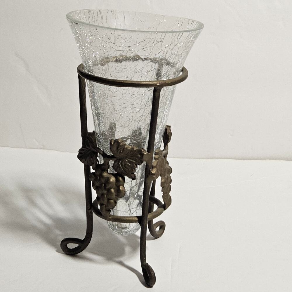 Vintage Pier 1 Imports Crackle Glass Cone Vase with Brass Grapevine Stand